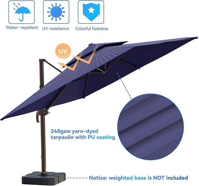 10x13FT Cantilever Outdoor Patio Umbrellas, Double Top Large Rectangle Umbrella, Heavy Duty 360° Rotation Offset Outdoor Sun Shade Umbrella for Garden Deck Pool Backyard, Navy Blue