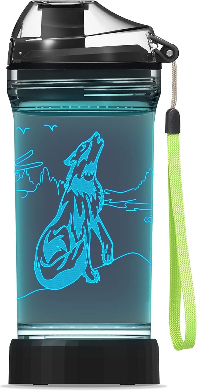 Kids Water Bottle with 3D Glowing Wolf LED Light - 14 OZ Tritan BPA Free - Creative Ideal Travel Cup Wolf Gift for School Kid Boy Child Holiday Camping Picnic