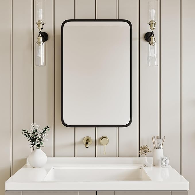 Vintage-Style Bathroom Wood Black Cabinet with 16.5''x24'' Black Metal Frame Curved Mirror, Recessed Medicine Cabinet, Bathroom Storage Cabinet