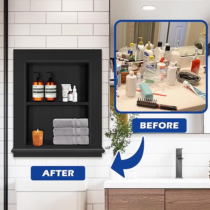 Royxen Bathroom Wall Cabinet with 2-Tier Shelves,Wooden Recessed Medicine Cabinet Over Toilet Storage Cabinet,Bathroom Cabinet Wall Mount for Home Storage, 14 x 18 Inch, Black