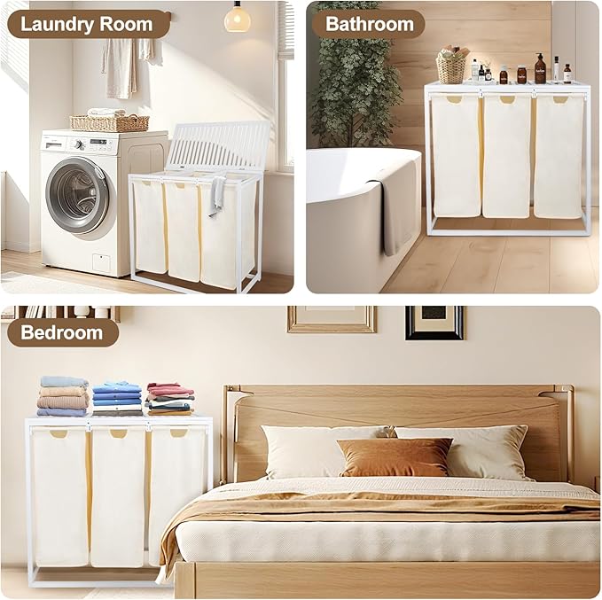 Bamboo Laundry Hamper 3 Section with Lid, 150 L Laundry Sorter with Pull-Out Removable Washable Bags, 3 × 12.5 Gal Divided Laundry Baskets for Laundry Room, Bathroom (White)