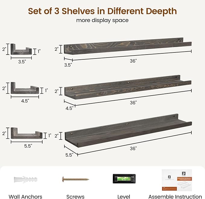 Picture Ledge Wall Shelves - 36 Inch Width Set of 3, Solid Pine Wood Rustic Floating Ledge Shelves for Kids' Room, Bedroom, Kitchen, Bathroom, Living Room, Nursery Display Wall Decor, Grey
