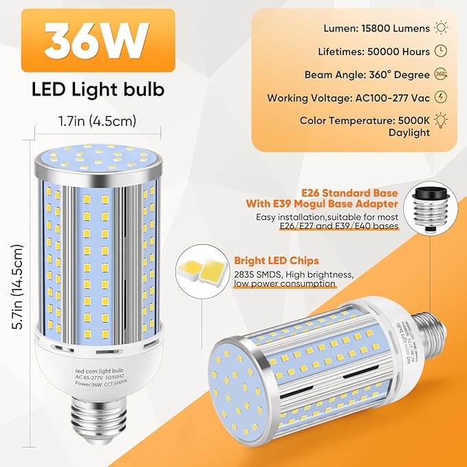 6 Pack 36W Corn LED Light Bulb,(320 Watt Equivalent)Fanless E26/E39 Medium/Large Mogul Base LED Cob Lamp 5000K Daylight 5,400LM for Outdoor Indoor Garage Warehouse Factory Workshop Street Backyard