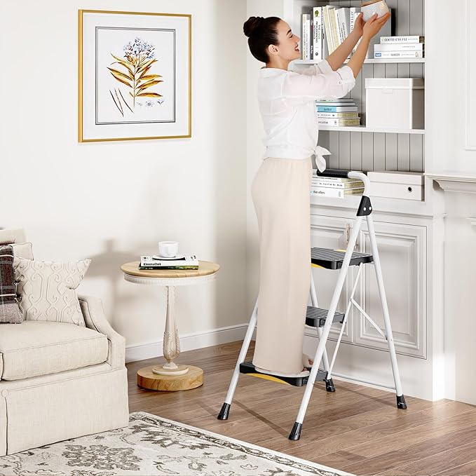 3 Step Ladder, Folding Steel Step Stool with Safety Lock, Anti-Slip Wide Pedals, Pass 800lbs Load Testing, Handrail, Heavy Duty Portable Ladder for Multi-Purpose, Indoor, Office, Kitchen
