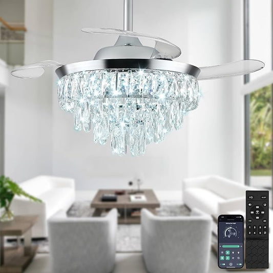 LEONTYNE 36" Modern Crystal Ceiling Fan with Lights and Remote Invisible Retractable LED Dimmable Chandelier Fan 3 Blades 6 Speeds Fandelier for Bedroom Living Room Dining Room (Polished Chrome)