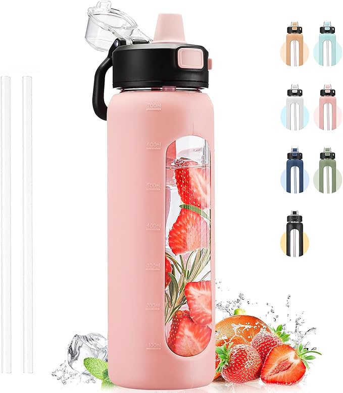 Kodrine Water Bottle With Straw and Carry Handle, Glass Water Bottle 24 oz Leak Proof Locking Lid with Soft Silicone Spout, Small Clear Water Bottle, Travel Sports Water Jug, Time Marker, Pink