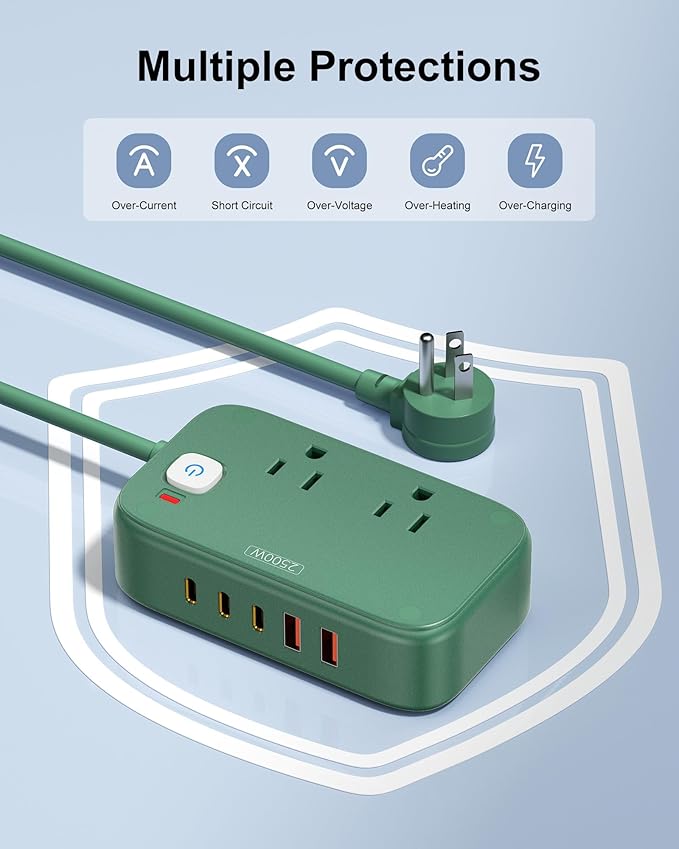 Power Strip with USB C - 40W Charging Station with 2 Outlets 3 USB C & 2 USB A - Charger for Multiple Devices, 5Ft Flat Plug Extension Cord for Travel Cruise Ship Office Dorm (Green)