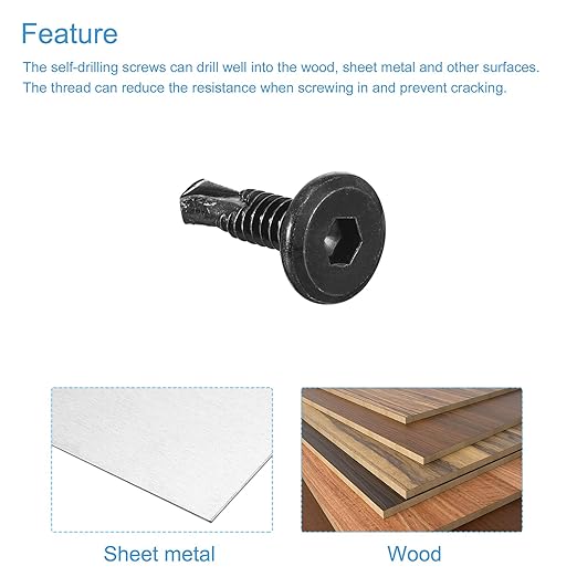 uxcell Hex Socket Self Tapping Screws, #10 x 3/4" 410 Stainless Steel Sheet Metal Flat Head Drilling Screw 50pcs, Black