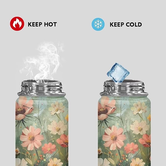 Floral Print Insulated Water Bottle for Women Stainless Steel Sports Water Flask Cup Portable Handle Hot and Cold Water Bottle, 20 Oz