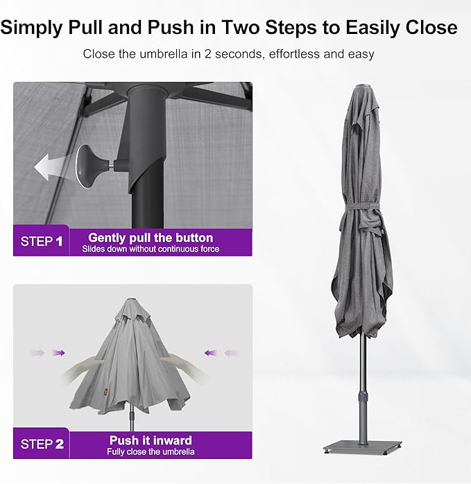 PURPLE LEAF 6 X 10 FT Semi-Auto Outdoor Patio Umbrella with Base Market Table Sun Umbrellas with 6 Aluminum Sturdy Ribs for Backyard Deck Garden Pool (Gray Pole Gray Canopy)