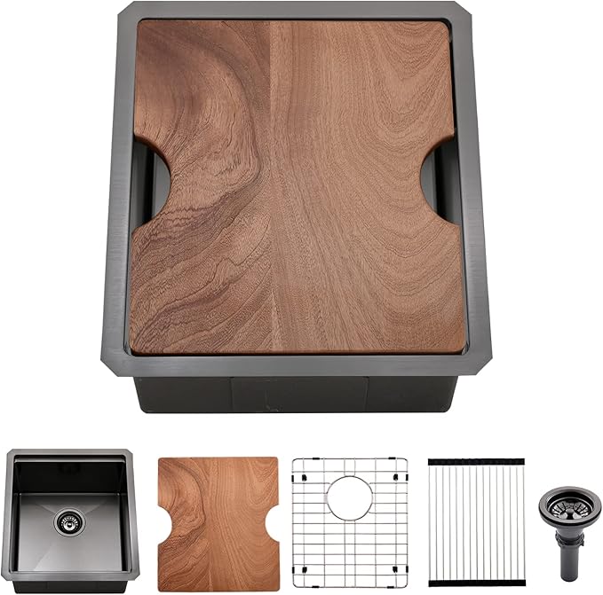 Black Undermount Bar Sink, 15 x 17 Inch Black Stainless Steel Undermount Kitchen Sink Single Bowl 16 Gauge Wet Bar Prep Basin