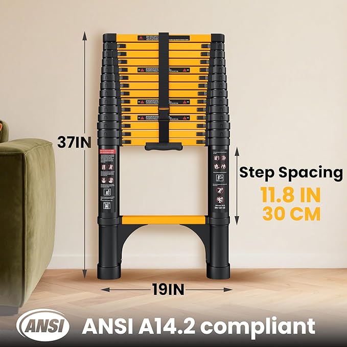 14.5 FT Telescoping Ladder, ANSI Certified, Type I Heavy Duty, 330lbs Max Capacity, Aluminum Extension Ladder for Home, Roof, RV; Yellow