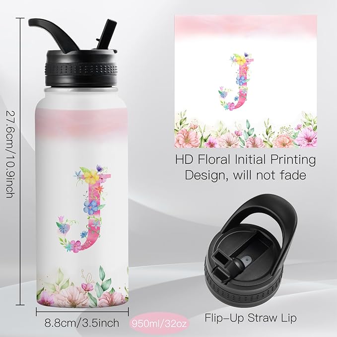 Personalized 32oz Water Bottle with Straw Customized Initial Letter Sport Bottles Monogrammed Initial Insulated Bottle Coffee Mug for Travel (J)