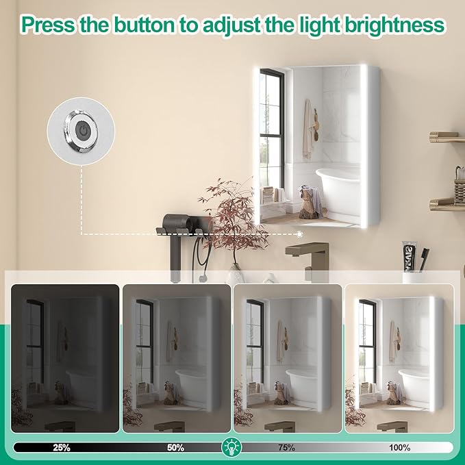 16x20 Inch Medicine Cabinet with LED Light Mirror, Brightneess Adjustable and Full-Assembled Bathroom Aluminum Cabinet with Storage, Surface or Recessed Tempered Cabinet, Farmhouse Sliver