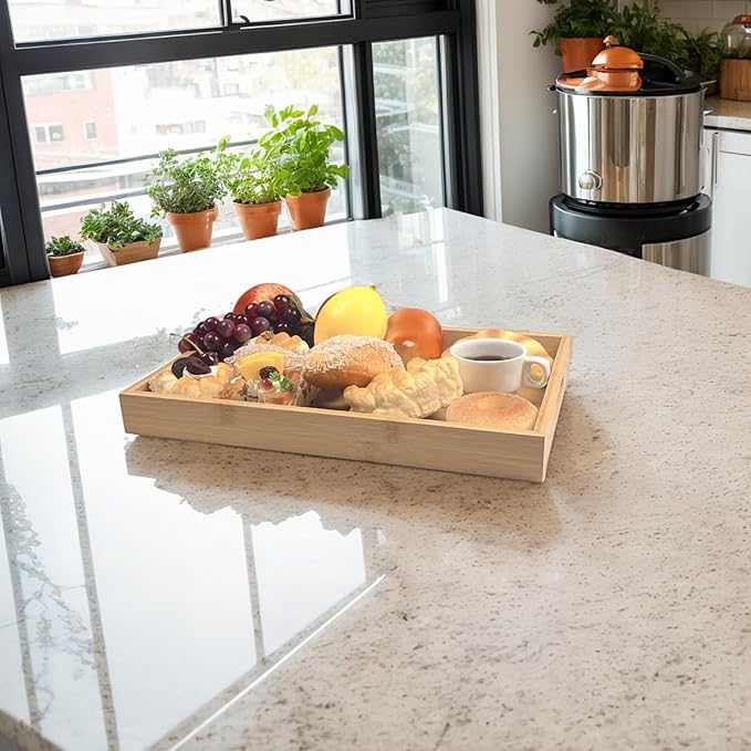 Large Bamboo Wooden Tray with Handles, Rectangular Natural Solid Wood Dinner Tray, Bamboo Wood Original Color. Suitable for Kitchen,Bedroom, Coffee, Party bar. (14.9x10.2 inches)