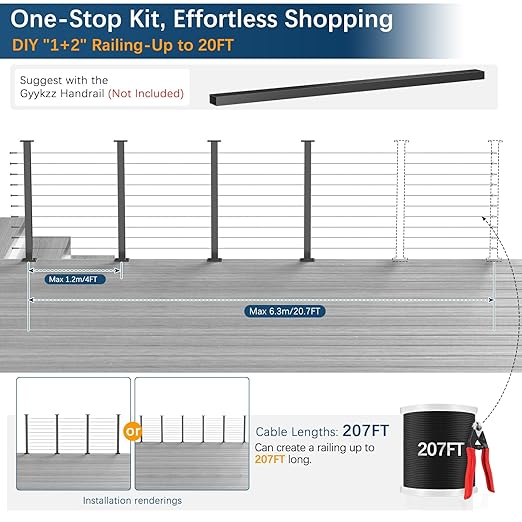 4 Pack Economical One-Stop Cable Railing Post Kits 36", Stainless Steel T304 Deck Railing System with Swageless Tensioner, Upgraded Black Powder Coated Level Drilled Post Kits with DIY Length
