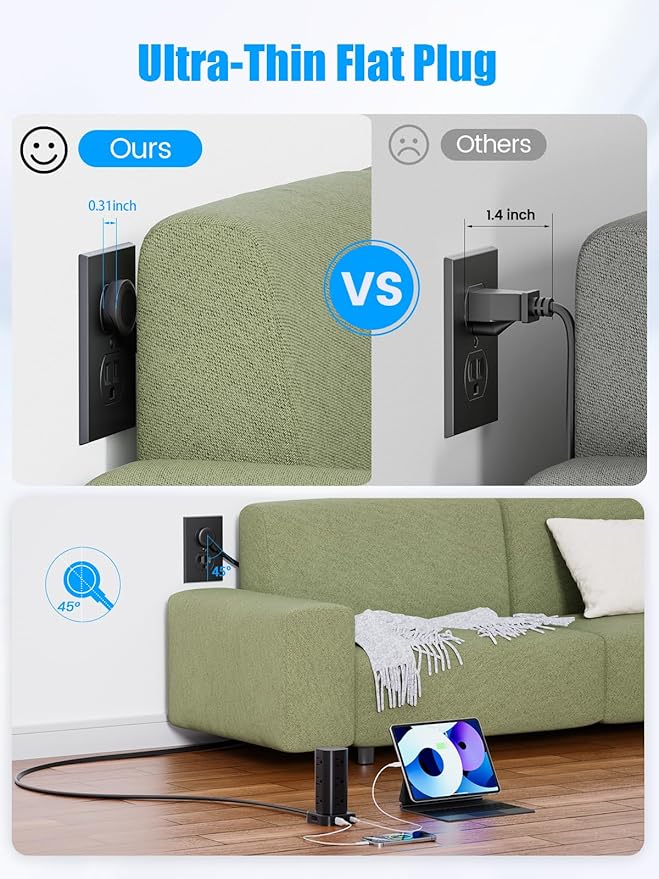 Tower Power Strip with 15W Wireless Charger, 6FT Flat Plug Extension Cord with Multiple Outlets, 12 AC Outlets, 4 USB Ports (2 USB C) Charging Station Surge Protector for Office Home Dorm Room (Black)