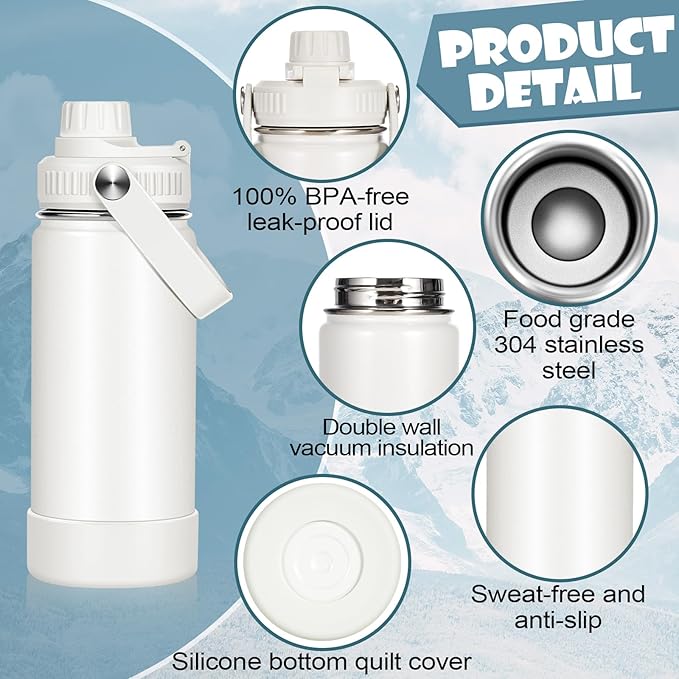 Nitial 1 Pcs Insulated Water Bottle 14 oz Stainless Steel Water Bottle with Handle and Leak Proof Spout Lid Double Wall Vacuum Reusable Sports Bottles, Almond White