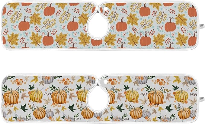 Fall Pumpkin Faucet Sink Mat for Kitchen 2 Pack Autumn Maple Leaves Sunflower Berry Bathroom Drying Mat Absorbent Splash Water Catcher Mats Microfiber Cloth Drip Protector Splash Pad 23x5 Inches