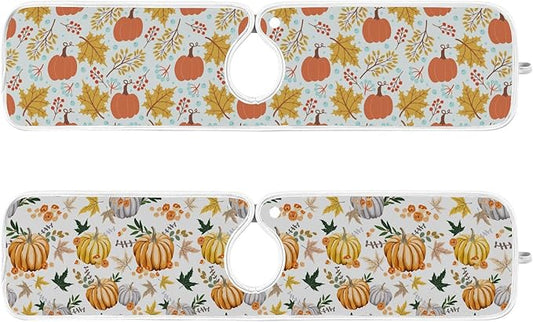 Fall Pumpkin Faucet Sink Mat for Kitchen 2 Pack Autumn Maple Leaves Sunflower Berry Bathroom Drying Mat Absorbent Splash Water Catcher Mats Microfiber Cloth Drip Protector Splash Pad 23x5 Inches