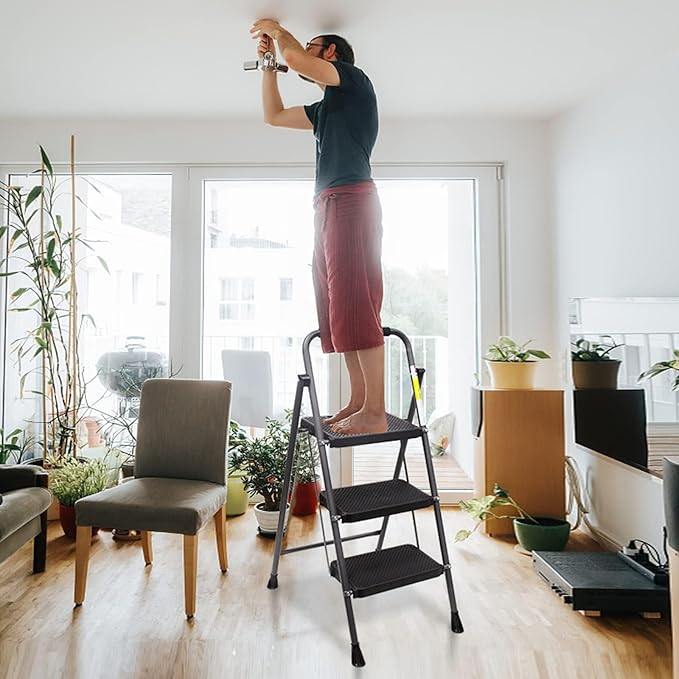 3 Step Ladder, GOLYTON Folding Step Stool with Anti-Slip Wide Pedal & Convenient Handgrip, 500lbs Capacity Steel Ladder for Household and Office, Grey