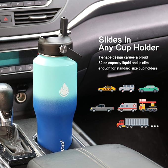 SENDESTAR Water Bottle 32oz,2 Lids(Straw lid),Wide Mouth Stainless Steel Vacuum Insulated Double Wall Keep Liquids Cold or Hot All Day,Sweat Proof Sport Design,Fit Car Cup Holder(Mint&Cobalt)