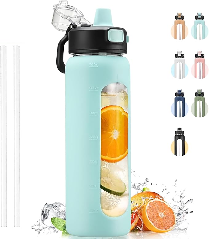 Kodrine Water Bottle With Straw and Carry Handle, Glass Water Bottle 24 oz Leak Proof Locking Lid with Soft Silicone Spout, Small Clear Water Bottle, Travel Sports Water Jug, Time Marker, Light Blue