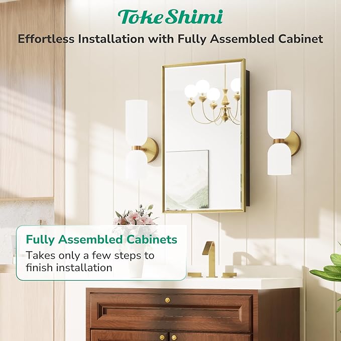 TokeShimi 21x27 Recessed Medicine Cabinet with Mirror Wall Mounted, Aluminum Gold Medicine Cabinet Mirrored, Metal Beveled Mirror with Storage for Bathroom Vanity