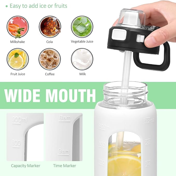 Kodrine Water Bottle with Soft Straw and Carry Loop, 32 oz Glass Water Bottle with Locking Lid, Clear Water Bottles Sports, Drinking Bottle for Travel Home Gym, Leakproof(White)