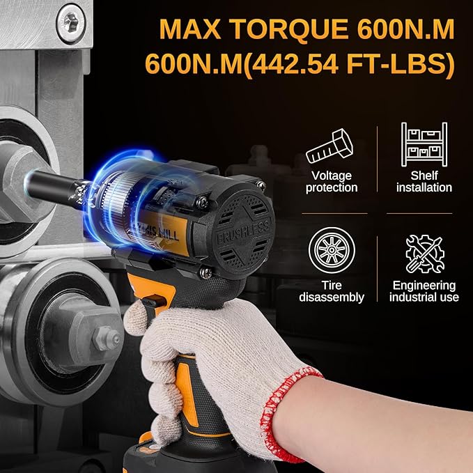This Hill 45PCS Cordless Impact Wrench,600Nm(443Ft-lbs),1/2 Inch Brushless lmpact Driver Set,w/Two 4.0Ah Battery,17 Sockets,High Torque Power Impact Gun for Car Home