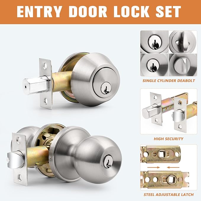 Probrico 3 Pack Exterior Door Knob and Single Cylinder Deadbolt Lock Combo Set, Brushed Nickel Front Door Handle with Lock and Key, Keyed Alike