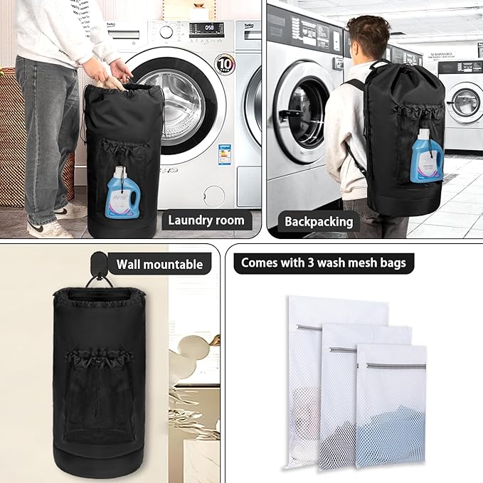 Laundry Bag Backpack with 3 Sizes Mesh Wash Bags and Shoulder Straps Foldable Laundry Hamper for College, Apartment, Laundromat (Black)