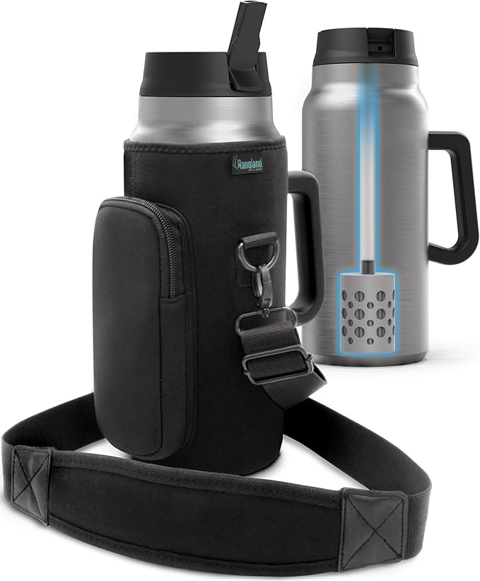 Filtered 64 oz Tumbler with Handle and Carrier Bag - Insulated Wide Mouth Water Bottle with Ahlstrom Filter System, Spill-proof Straw Lid and Padded Shoulder Strap (Stainless Steel)