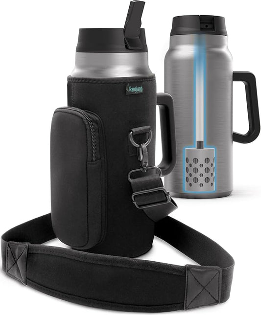Filtered 64 oz Tumbler with Handle and Carrier Bag - Insulated Wide Mouth Water Bottle with Ahlstrom Filter System, Spill-proof Straw Lid and Padded Shoulder Strap (Stainless Steel)
