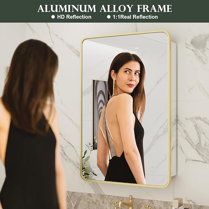 WallBeyond Bathroom Medicine Cabinet with Mirror, 24x36 Inch Gold Recessed Medicine Cabinet with Round Corner Aluminum Alloy Metal Framed, Single Door Modern Mirror Cabinet with Storage