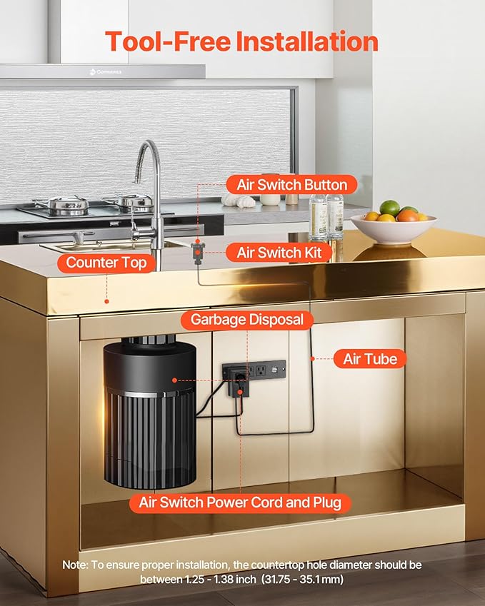 VEVOR Garbage Disposal Air Switch Kit, 2.5" Sink Top Air Switch for Food Waste Disposal, Brushed Gold Stainless Steel ON/OFF Air Button for Waste Disposer - Suitable for Stainless Steel Countertops