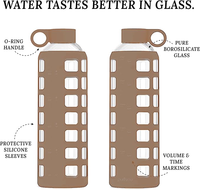 purifyou Glass Water Bottles 40/32 / 22/12 oz with Time & Volume Markings & Extra Thick Silicone Sleeve, Reusable Drinking Bottle for Water Milk Juice (32oz Iced Coffee)