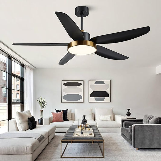 Modern Ceiling Fan with Light and Remote Control,56''Ceiling Fan with 3 Color Lights,Memory Function,5 Blades,6 Speeds,Outdoor Fan and Light for Living Room,Bedroom,Kitchen,Black Gold
