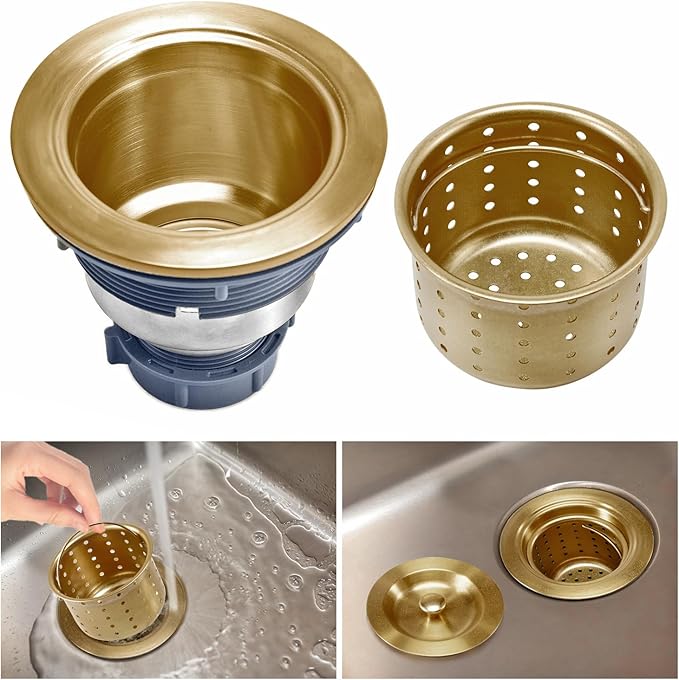 KONE 3-1/2 Inch Brass Sink Drain, Durable Stainless Steel Brass Kitchen Sink Drain Assembly Kit with Sink Strainer Waste Basket/Strainer Assembly/Sealing Lid for Standard Kitchen Sink
