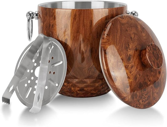 Ice Bucket with Lid, 3L Diamond Bottom Design Double Wall Stainless Steel Insulated Ice Bucket, Champagne Bucket, Wine Bucket for parties, cocktail bar, Teakwood