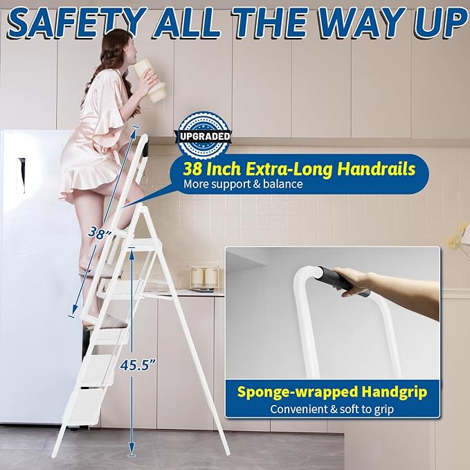 Double Elite Step Ladder 5 Step Folding with Handrails, Safer 5 Step Ladders for Home, Convenient Folding Step Stool with Tool Bag, Sturdy Indoor/Outdoor Ladder for Adults Anti-Slip Pedals, White