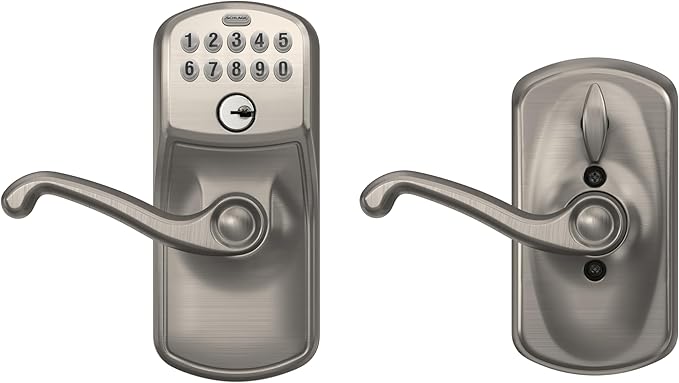 SCHLAGE FE595 PLY 619 FLA Plymouth Keypad Entry with Flex-Lock and Flair Style Levers, Satin Nickel