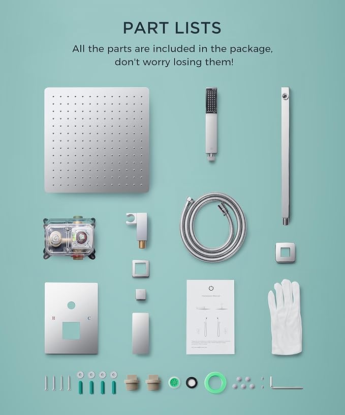 FORIOUS Rain Shower Head System, 10 Inch Shower Faucet Set with with handheld combo, Solid Brass Pressure Balanced Valve and Trim Kit Fixtures, Wall Mounted, Brushed Nickel (Chrome, 12 inch)