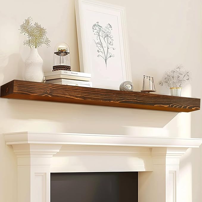72x8x3 Fireplace Mantel - Solid Rustic Wood - Wall Mounted Floating Shelf with Invisible Heavy Duty Steel Bracket (Weathered Brown)