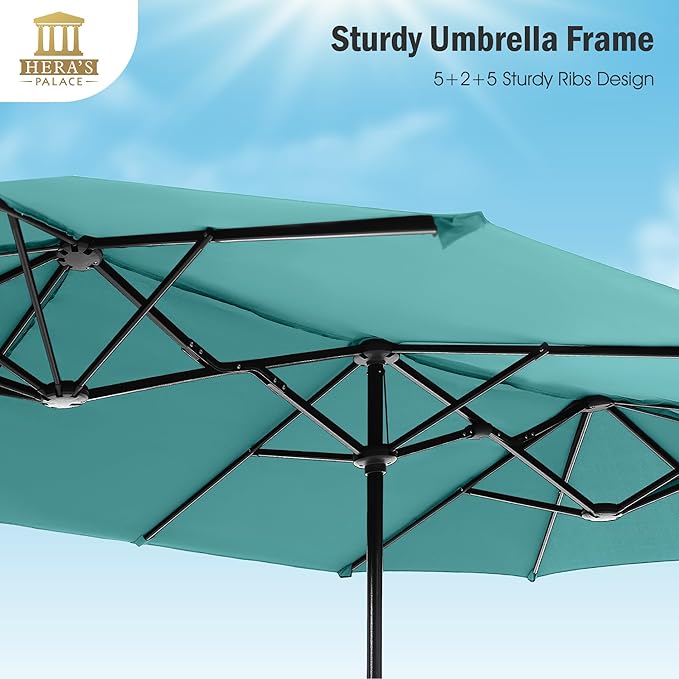 HERA'S PALACE 13 Ft Double-Sided Twin Patio Umbrella, Outdoor Double Sided Market Patio Umbrella with Crank, Powerful UV Protective (Turquoise)