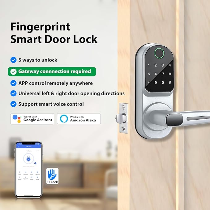 CATCHFACE Smart Fingerprint Lock - Keyless Entry Door Lock with Reversible Handle - Silver