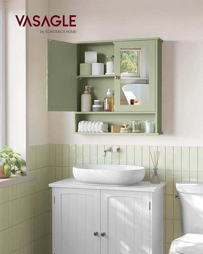 VASAGLE Bathroom Cabinet with Mirror, Wall Cabinet with 2 Mirrored Doors, Adjustable Shelf, Open Compartment, Wall-Mounted, 5.1 x 22.2 x 23 Inches, Sage Green ULHC002C02