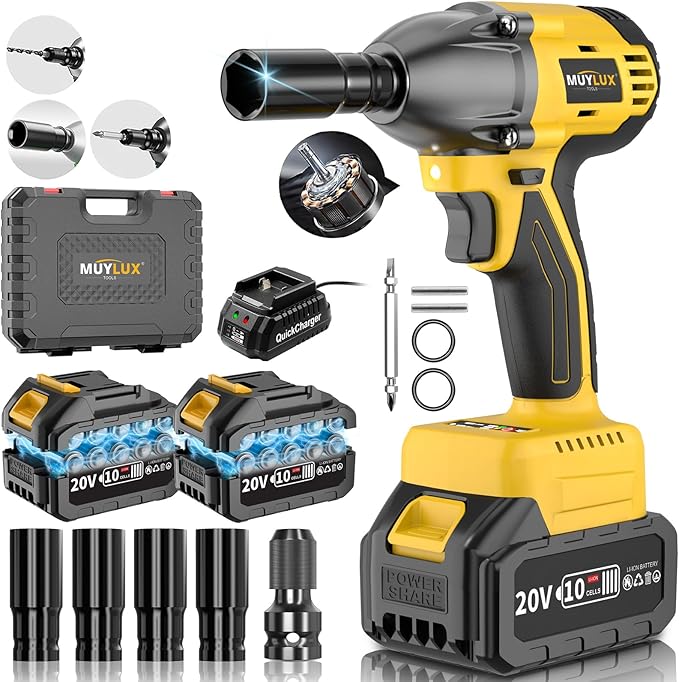 4.0Ah Battery Cordless Impact Wrench, Brushless 1/2 Impact Gun, 320Ft-lbs(430N.m) 20V High Torque Power Impact Driver, Electric Impact for Car Home, 2 Batteries