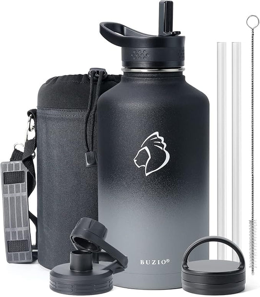 BUZIO Water Bottle with Straw lid, Spout Lid, Hand Lid and Carrying Pouch, 32oz 40oz 64oz Stainless Steel Water Flask Jug, Cold for 48 Hrs Hot for 24 Hrs Double Vacuum Thermo Canteen Mug, BPA-Free