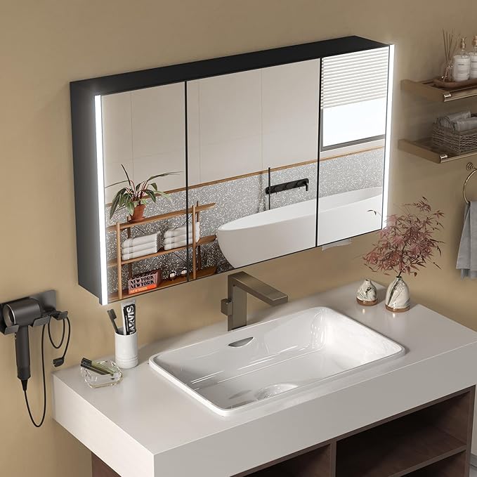 40x28 Inch Medicine Cabinet with Light, AL Alloy Frame, Full-Assembled Bathroom Mirror Cabinet with Brightness Adjustable and Storage, Led Medicine Cabinet Mirrored with Recessed, Black